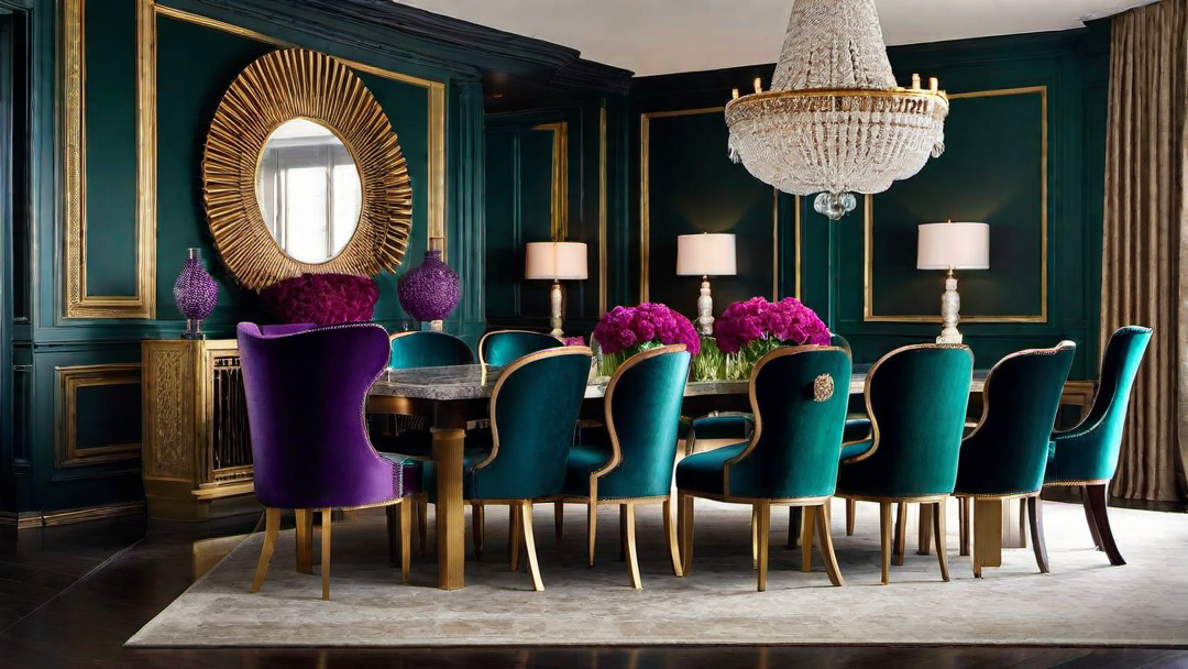 Regal Elegance: Colorful Velvet Dining Chairs and Rich Textures