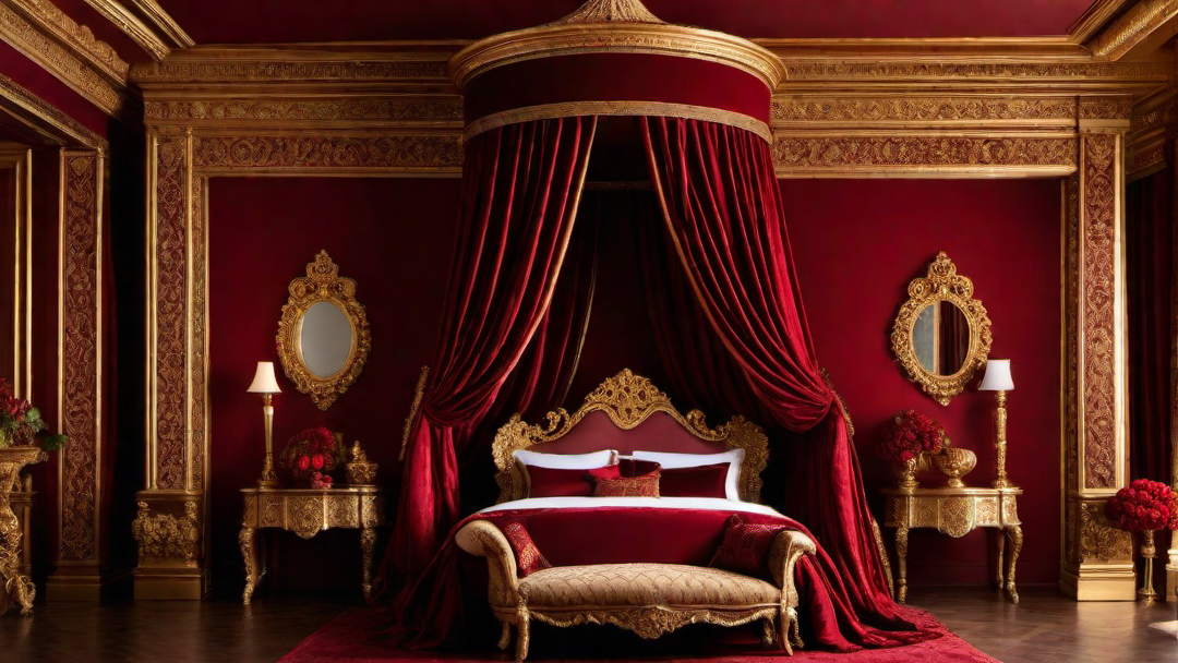 Rich Color Palette: Deep Reds and Luxurious Gold Accents
