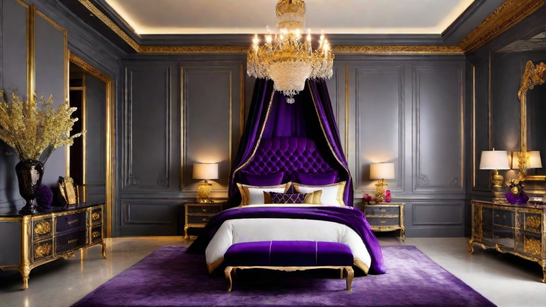 Royal Elegance: Grey Bedroom with Regal Purple and Gold Accents