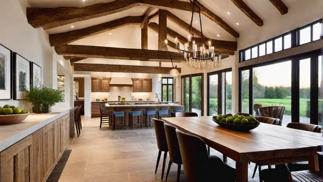Rustic Charm: Luminous Dining Area with Exposed Wooden Beams