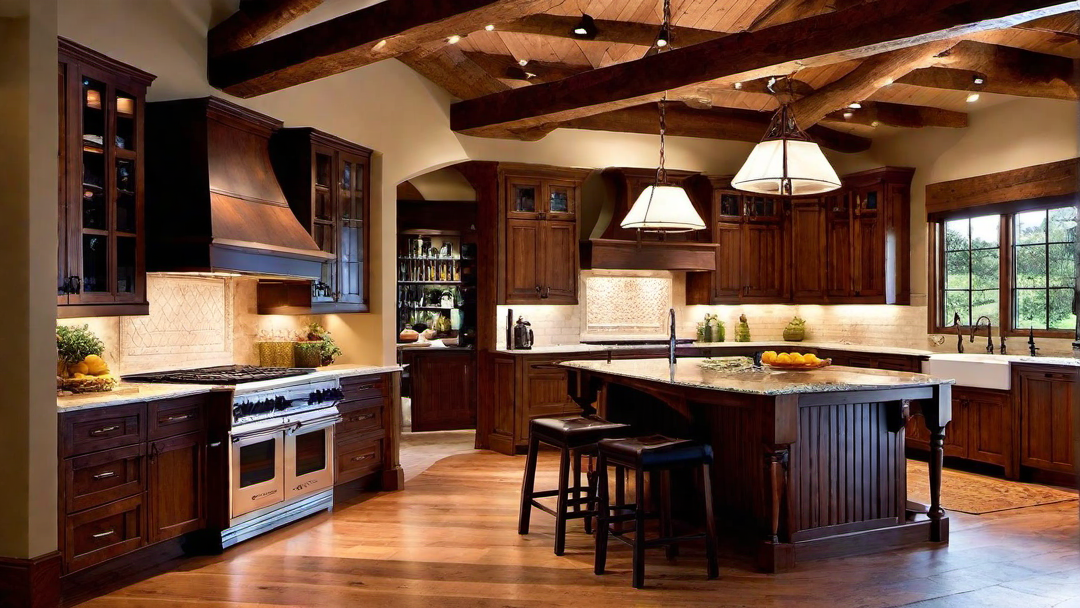 Rustic Charm: Wooden Beams and Cabinets in Ranch Kitchen