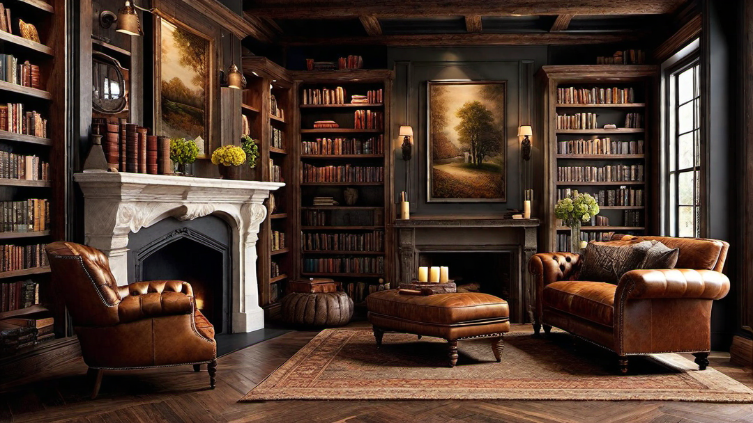 Rustic Farmhouse Library: Cozy Reading Nook with Fireplace