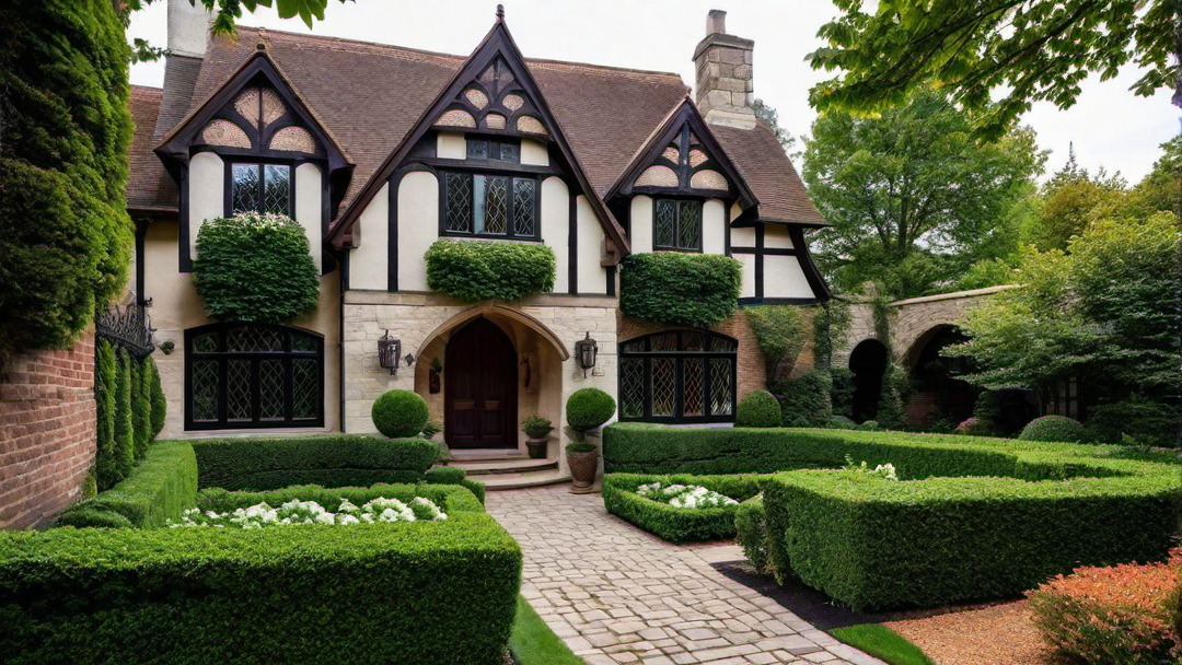 Stately Symmetry: Tudor Style Home with Tudor Arch Entryway