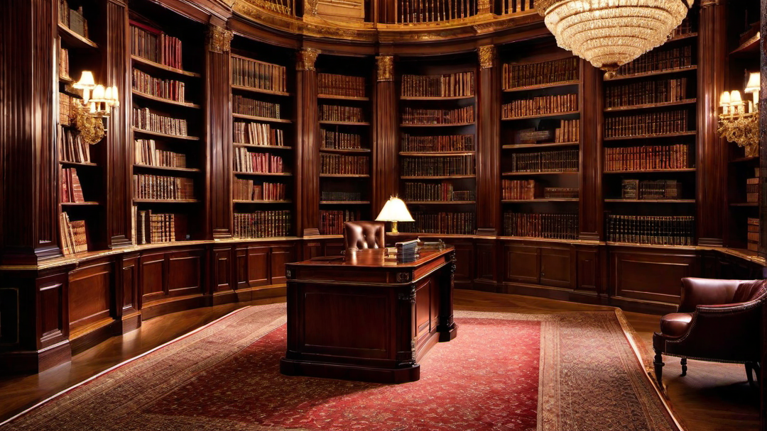 Timeless Beauty: Classic Library with Leather-Bound Books and Brass Accents