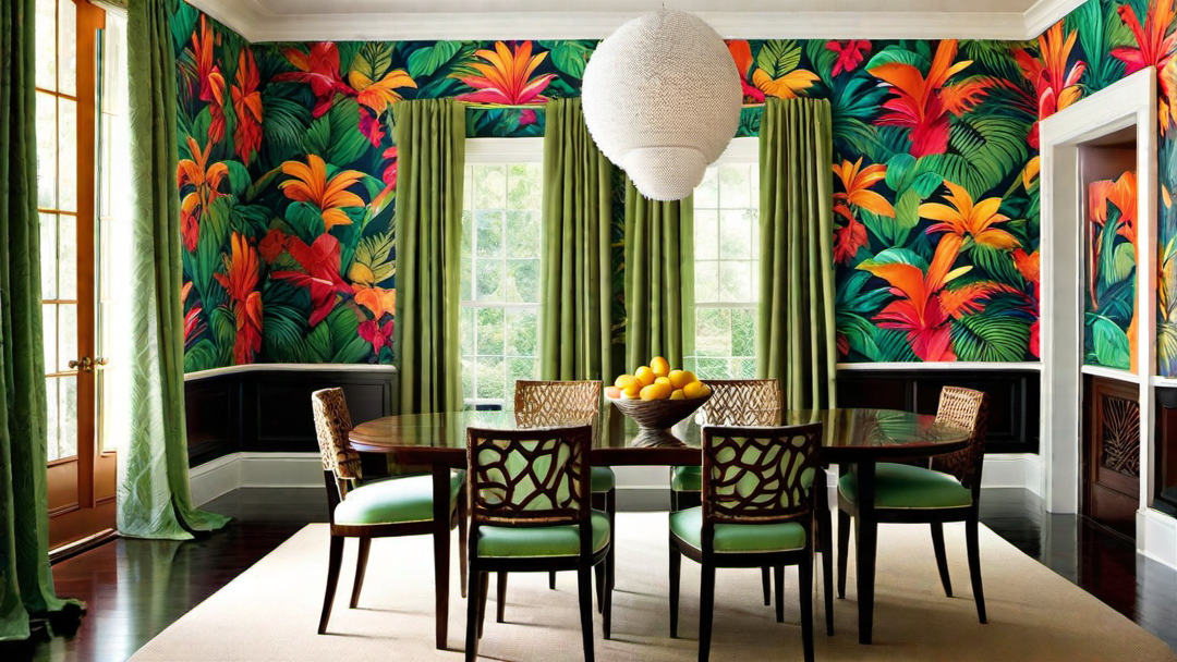 Tropical Paradise: Colorful Dining Room with Leafy Wallpaper