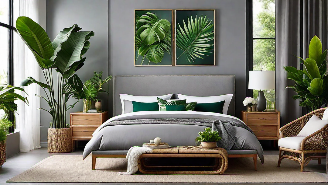 Tropical Retreat: Grey Bedroom with Greenery and Natural Elements