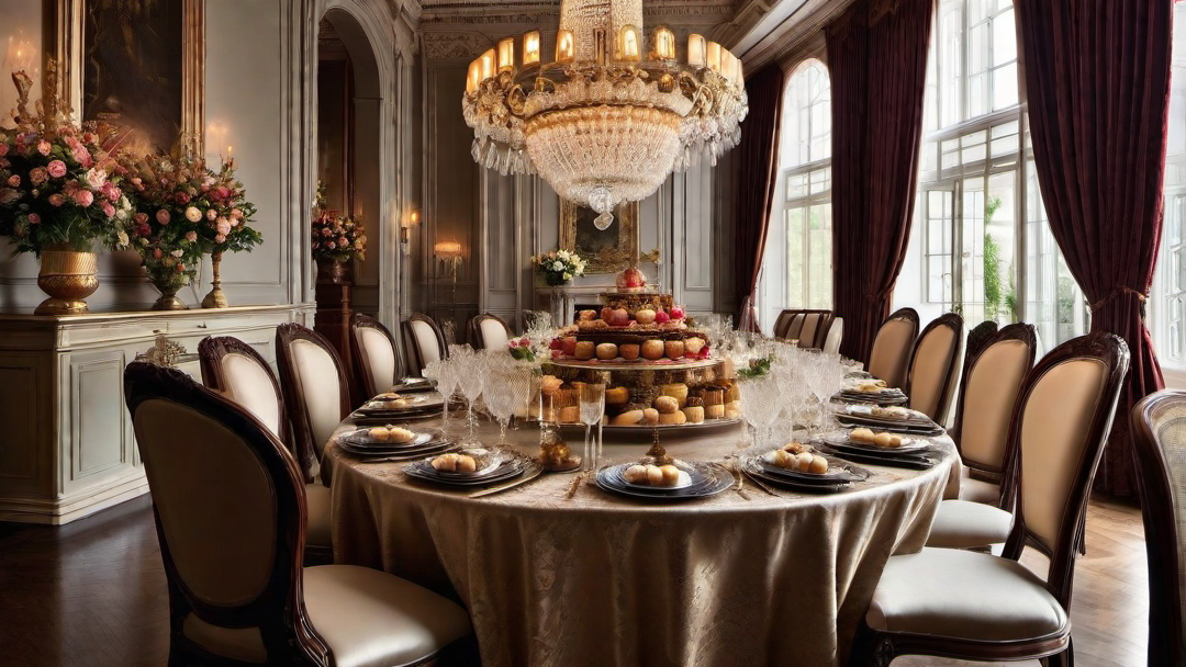 Victorian Decadence: Indulgent Dessert Display in a Formal Dining Setting