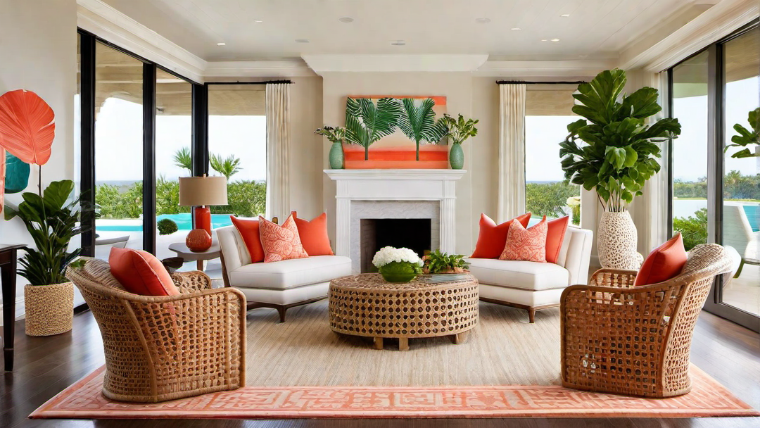Warm Coral Touches: Enhancing the Great Room with a Tropical Flair