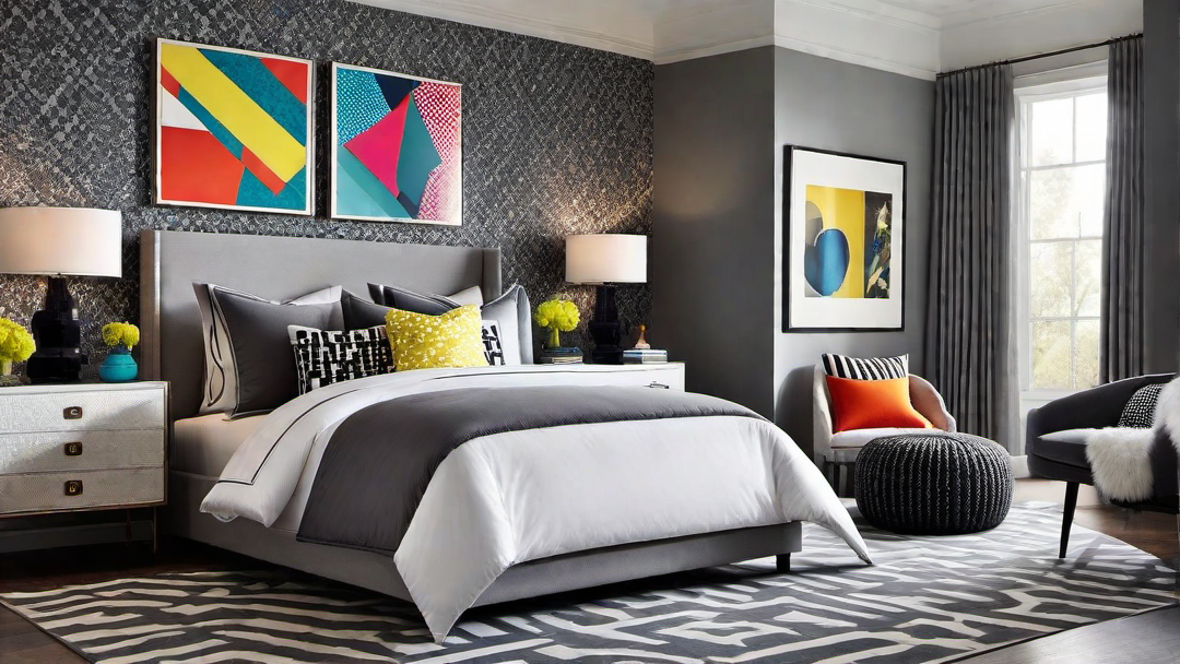 Youthful Energy: Grey Bedroom with Vibrant Pop Art and Colorful Accessories