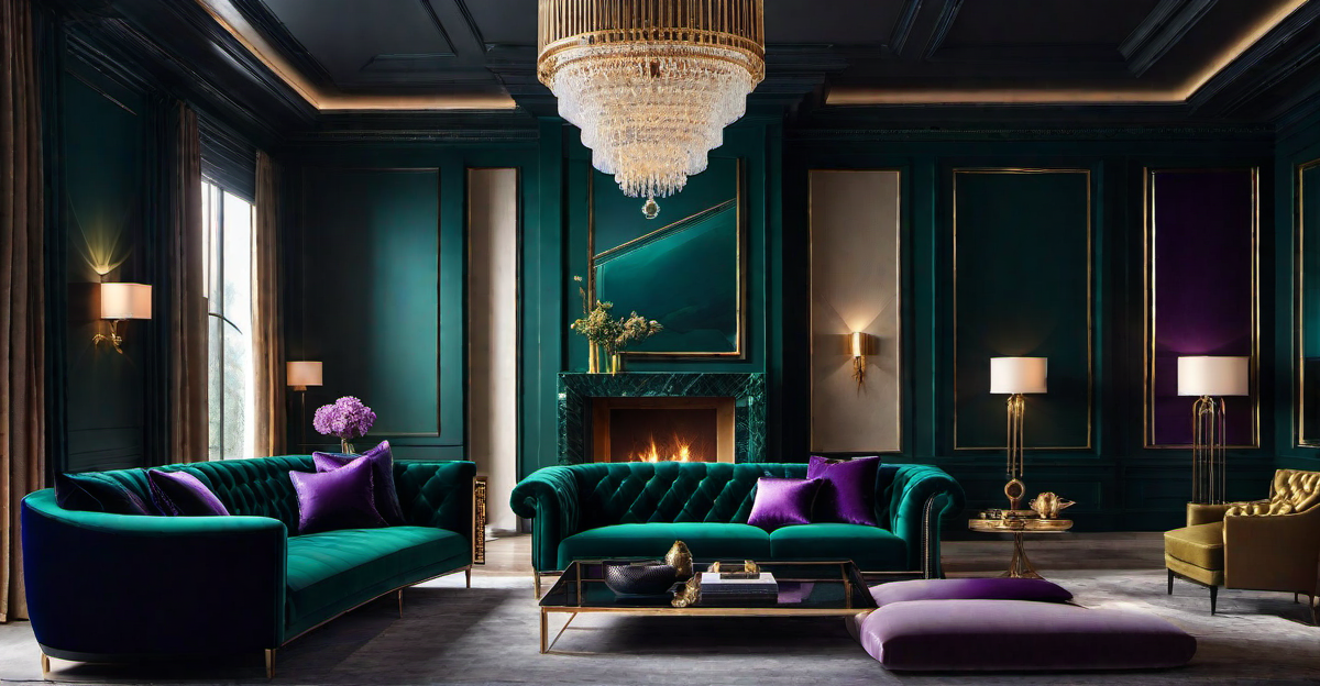 Dramatic Contrast: Black and Jewel-Toned Color Palette for Luxurious Living Rooms