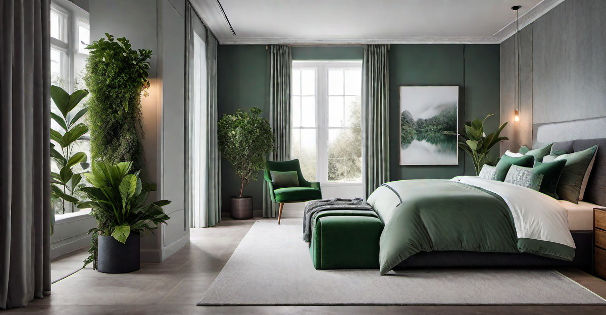 Bringing Nature Indoors: Grey Bedroom with Greenery and Natural Elements