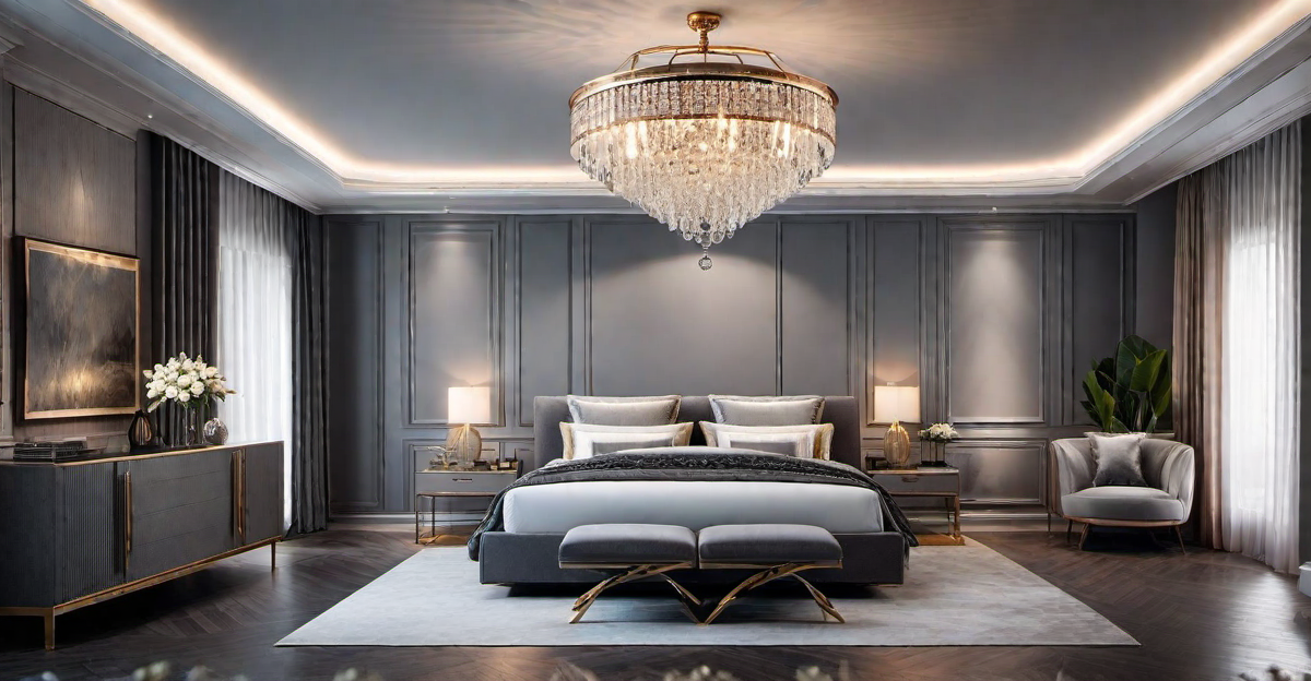 Elevating Elegance: Grey Bedroom with Crystal Chandeliers and Lamps