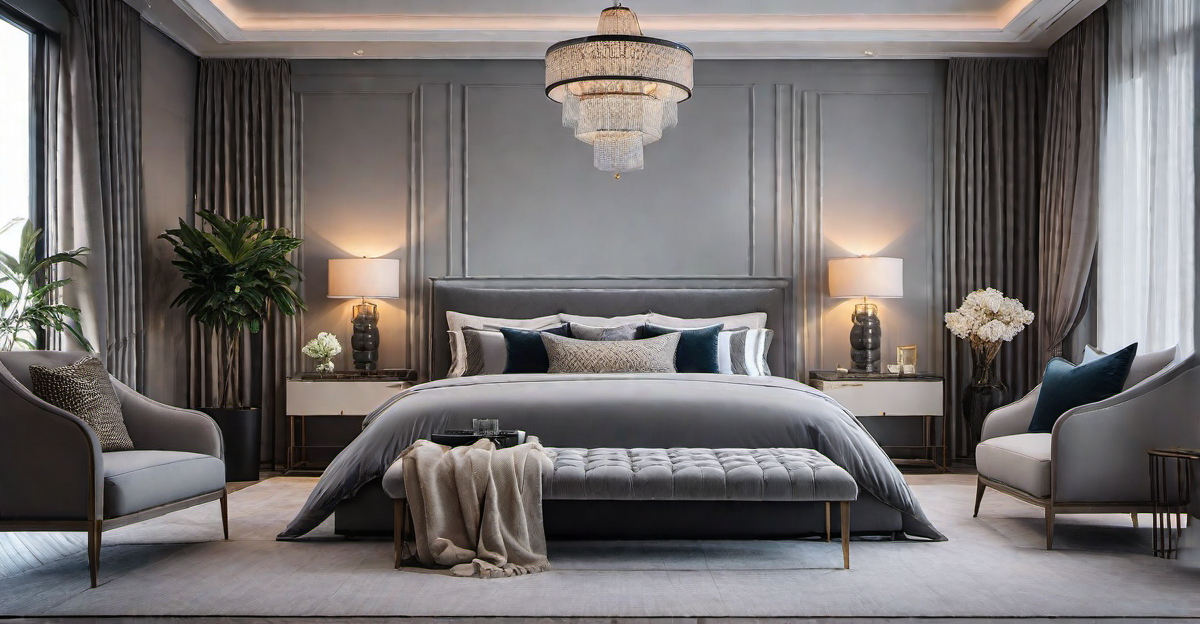 Luxurious Comfort: Grey Bedroom with Plush Bedding and Pillows