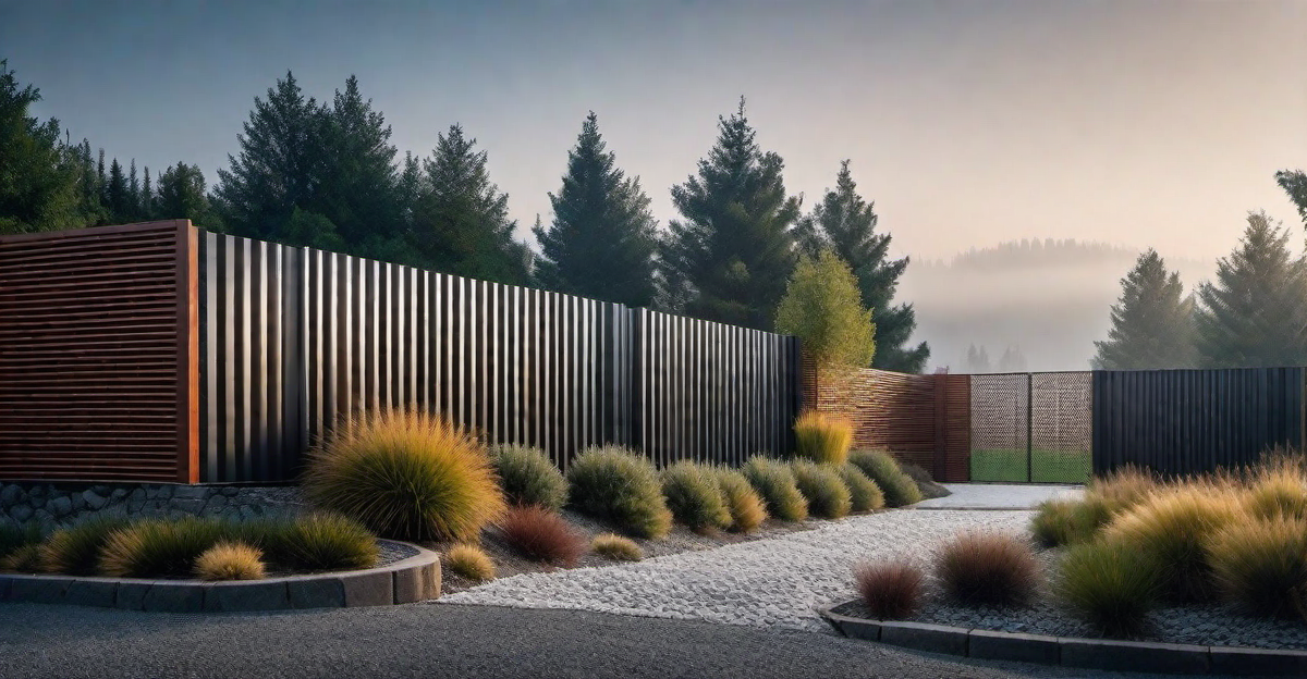 Mixed Materials: Corrugated Metal and Stone Fence Design