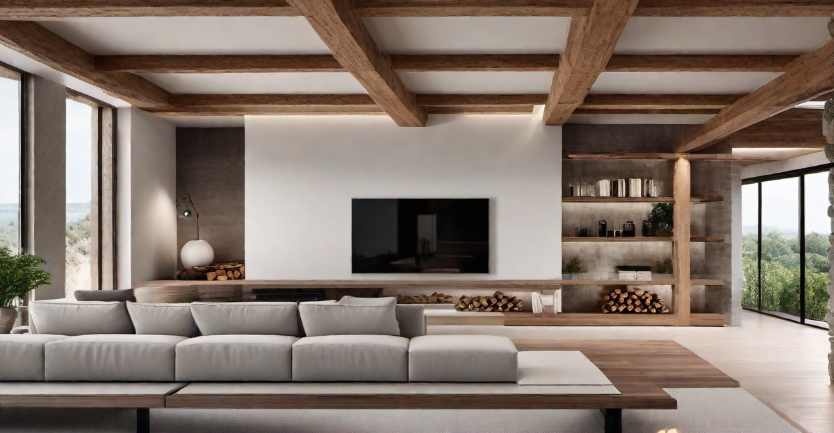 Rustic Touch: Gypsum Board False Ceiling with Exposed Beams