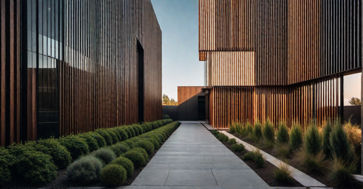 Symmetrical Balance: Wood Slat Exterior Wall with Uniform Panels