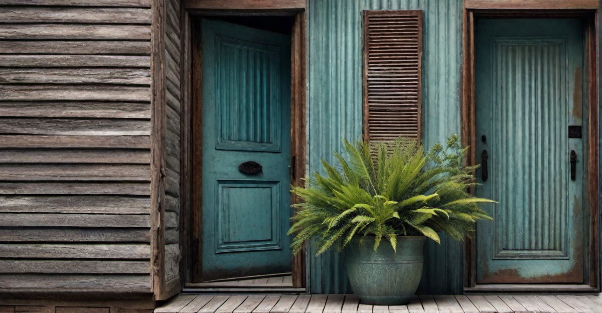 Weathered Elegance: Patina Finish on Corrugated Metal Door