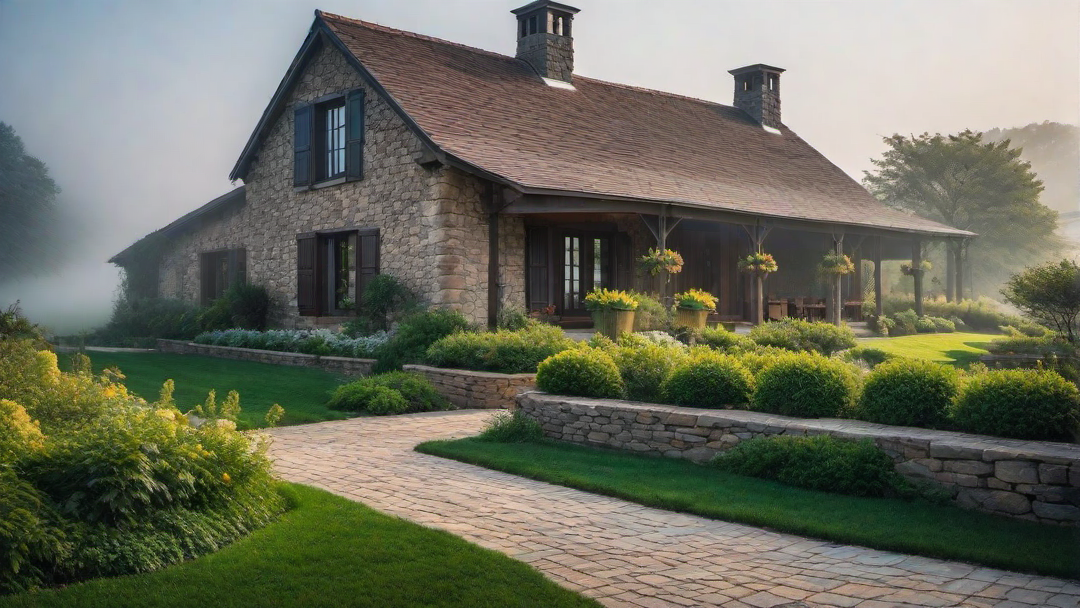 Farmhouse with Rustic Stone Accents and Chimney