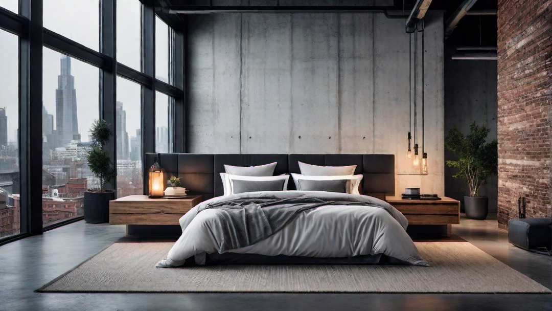 Urban Loft Bedroom with Exposed Beams and Concrete Walls