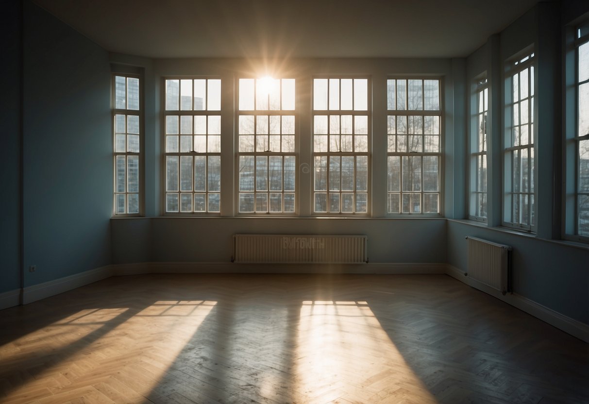 A room with bare windows, lacking curtains or blinds. The sunlight streams in, highlighting the empty window frames