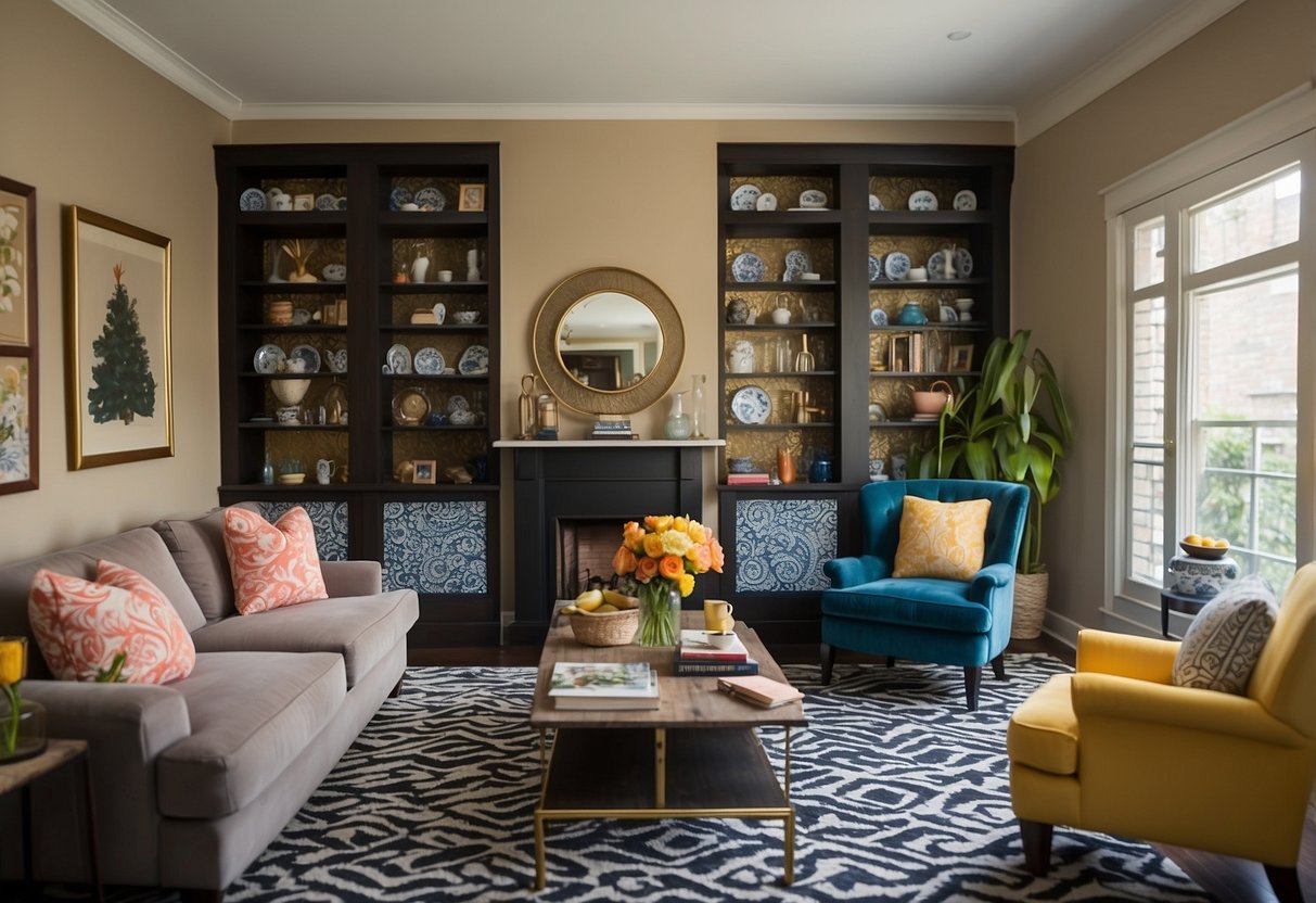A living room with clashing patterns and colors, mismatched furniture, and cluttered shelves. Avoiding the "matchy-matchy" decor mistake is crucial for a cohesive and visually appealing space