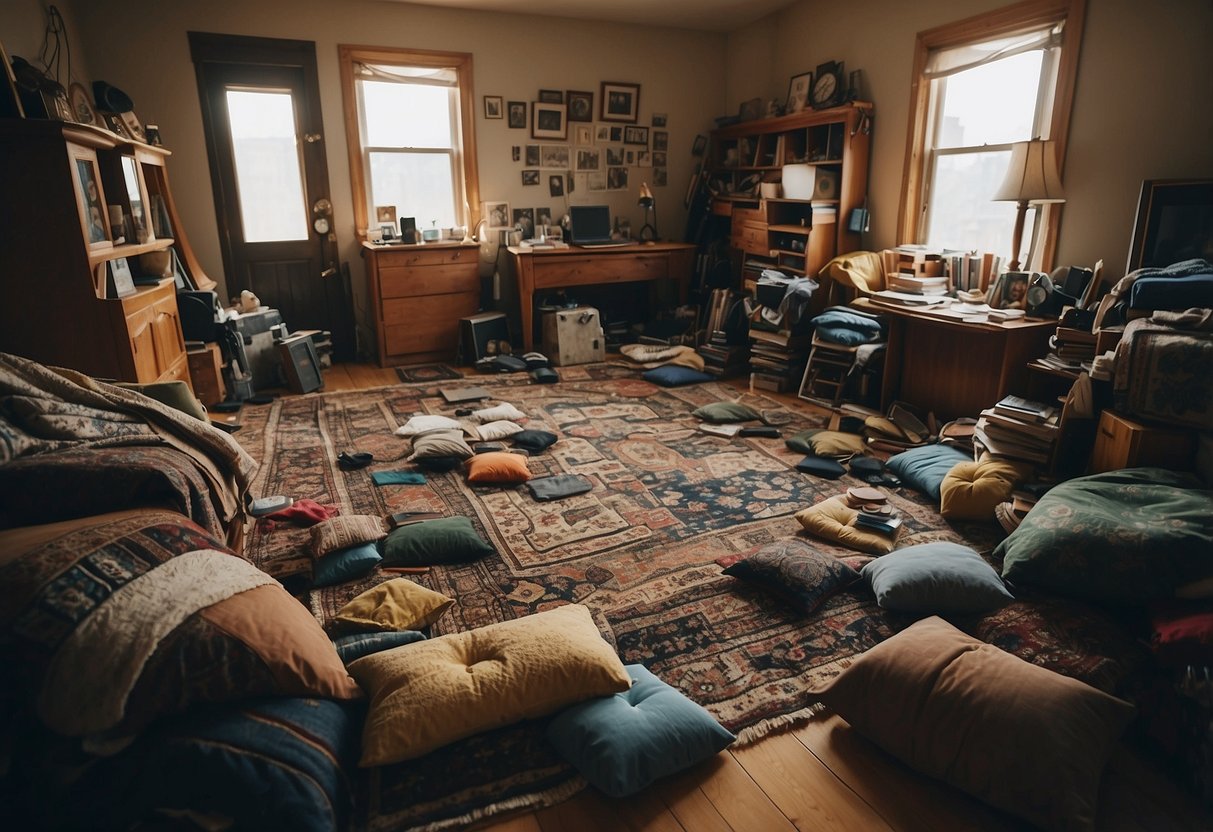 A cluttered room with numerous small rugs scattered haphazardly, creating a chaotic and disorganized home decor