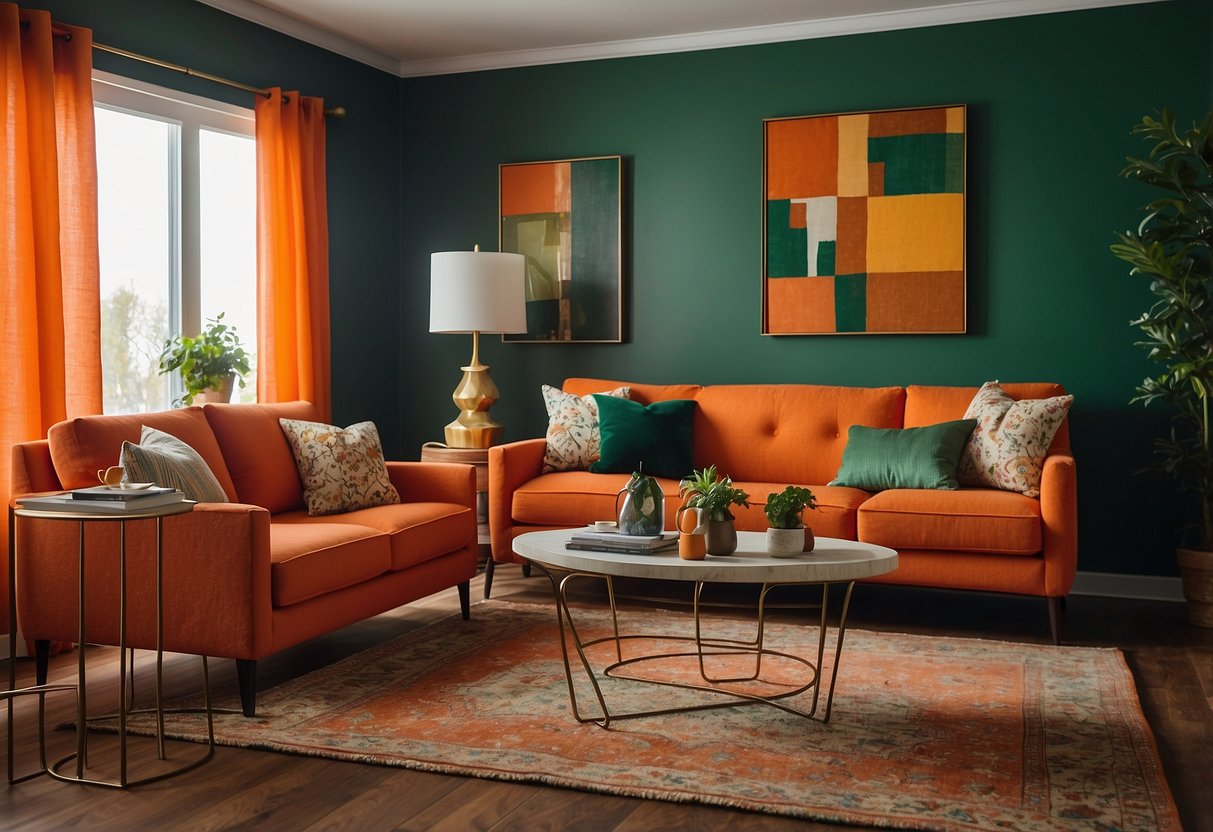 A living room with clashing colors: red couch, green walls, and orange curtains. Mismatched throw pillows and rugs add to the chaotic scene