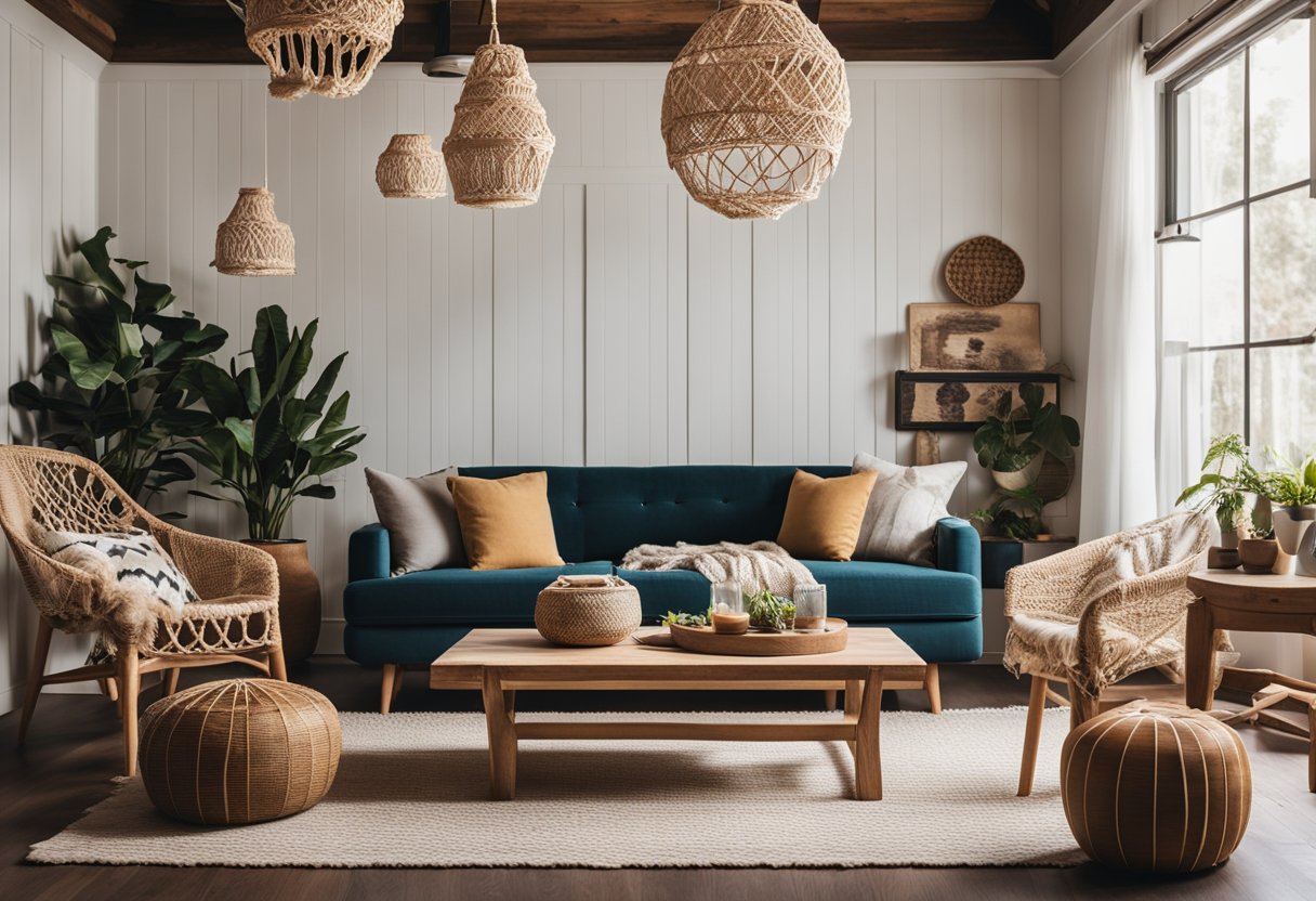 A cozy living room with shiplap walls, adorned with trendy decor items like macrame wall hangings and Edison bulb light fixtures