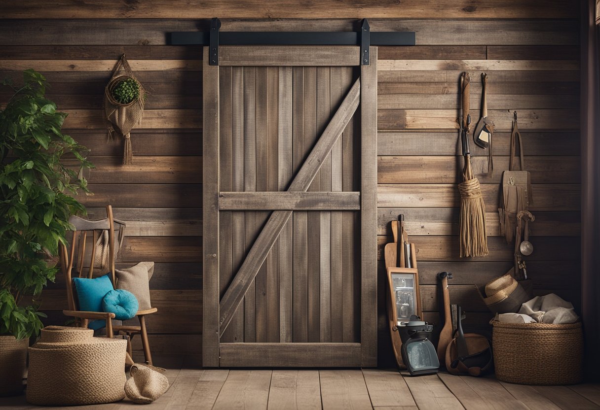 A rustic barn door hangs on a wall, surrounded by outdated home decor items. A sign reads "Overrated Home Decor Trends That Need to Die in 2024."