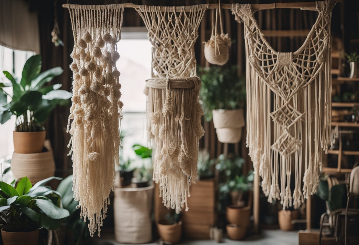 A cluttered room with an abundance of macramé wall hangings, plant hangers, and knotted decor. Overwhelming and outdated