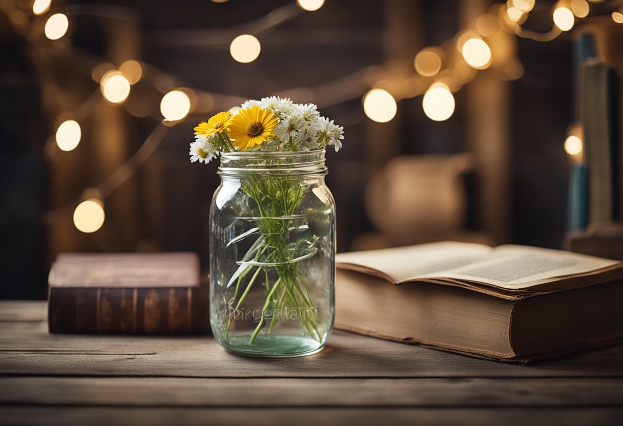A rustic mason jar filled with wildflowers sits atop a distressed wooden table, surrounded by vintage books and a string of fairy lights