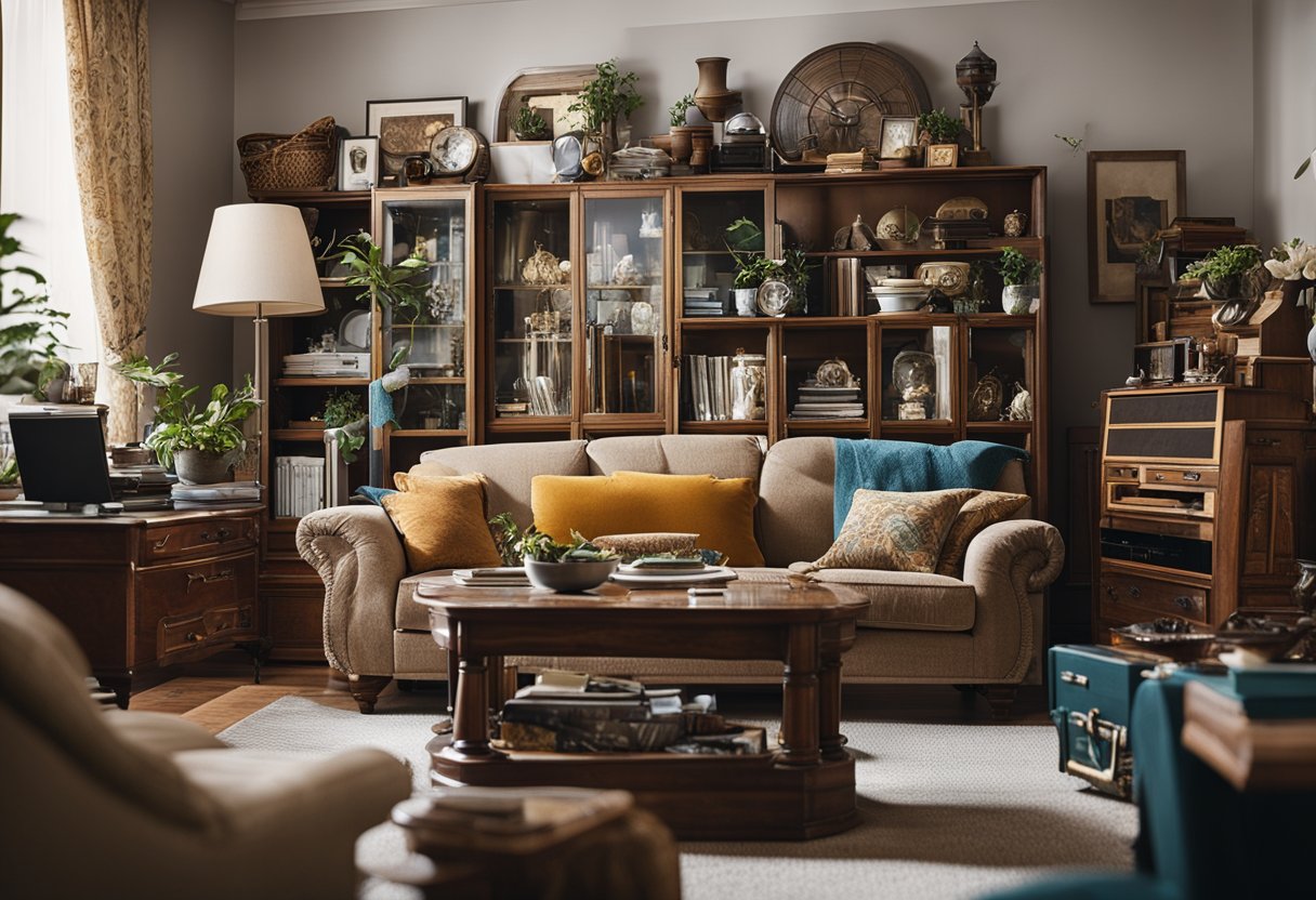 A cluttered living room with oversized, outdated furniture and tacky decor