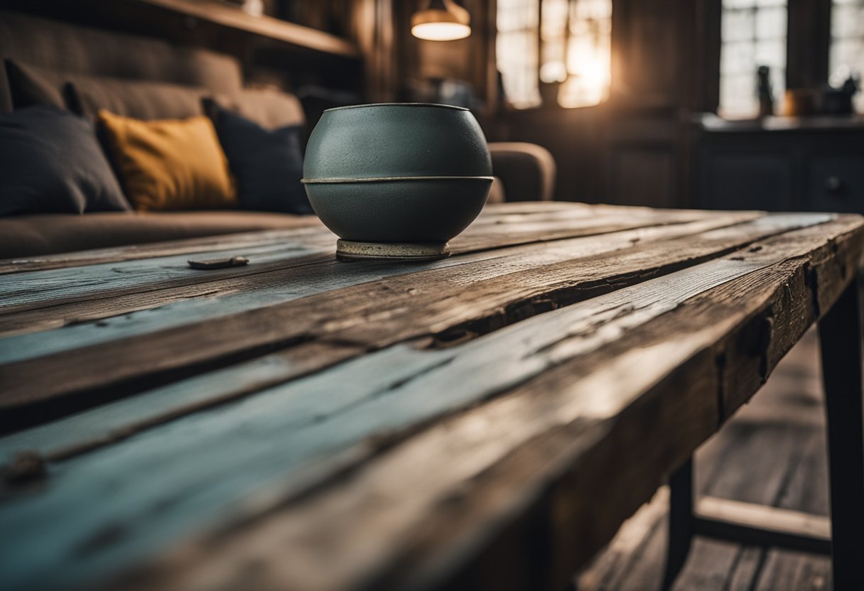 A weathered wooden table with peeling paint and rough texture sits in a dimly lit room, surrounded by trendy home decor items that are now considered overrated