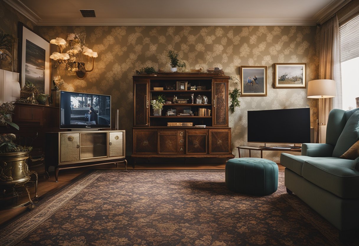 A cluttered room with shag carpet, floral wallpaper, and brass fixtures. A bulky entertainment center and outdated art on the walls