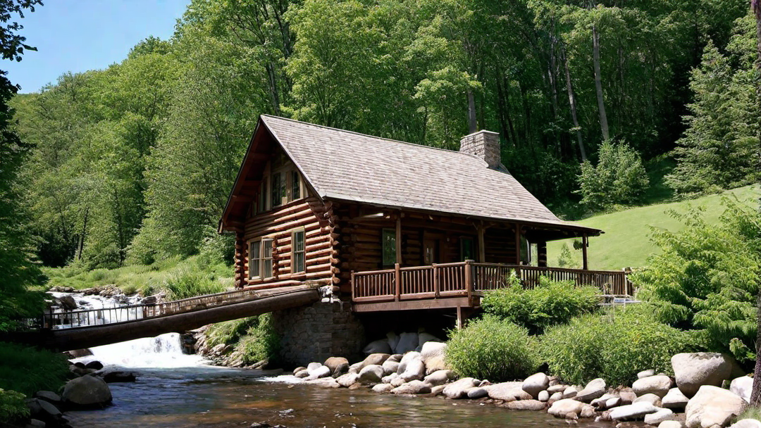 Log Cabin with a Picturesque Bridge Over Stream
