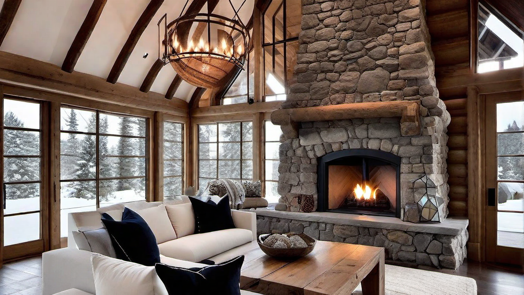 Cozy Log Cabin Living Room with Stone Fireplace