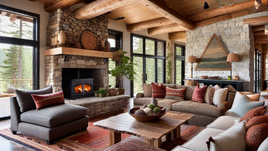 Eclectic Mix of Fabrics and Textures in a Cabin Living Room