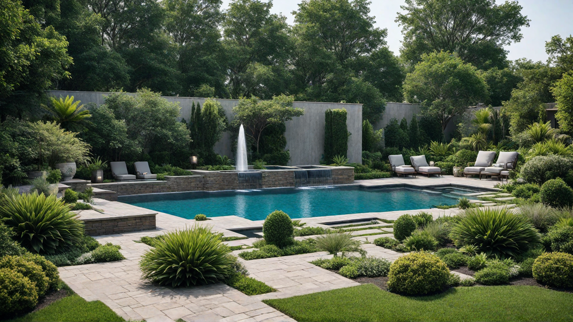 Elegant Pool Fountain as a Central Feature