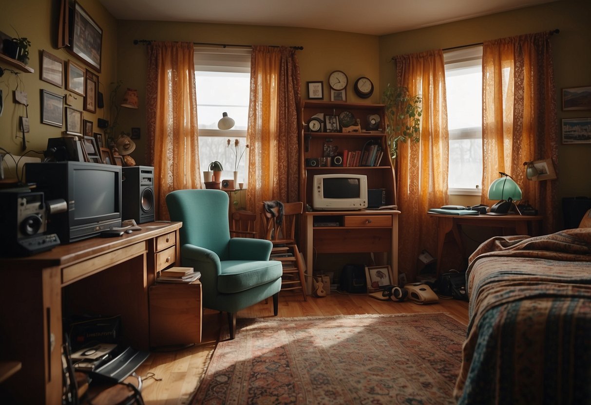 A cluttered room with mismatched furniture and overly bright colors. Walls are bare and lacking proper lighting. Curtains are too short and poorly hung