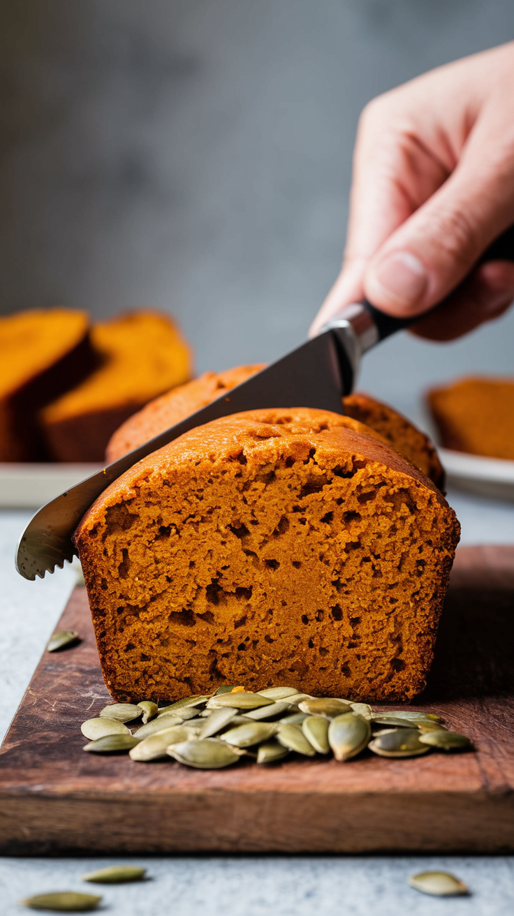 pumpkin bread being sliced with pumpkin seeds in front