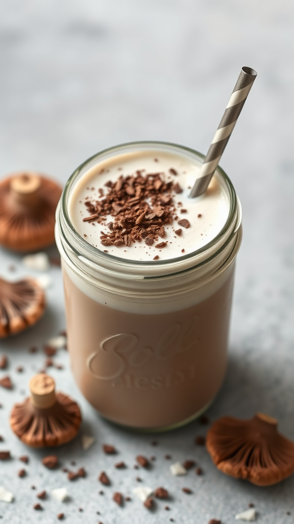 A creamy smoothie topped with chocolate shavings, surrounded by adaptogenic mushrooms