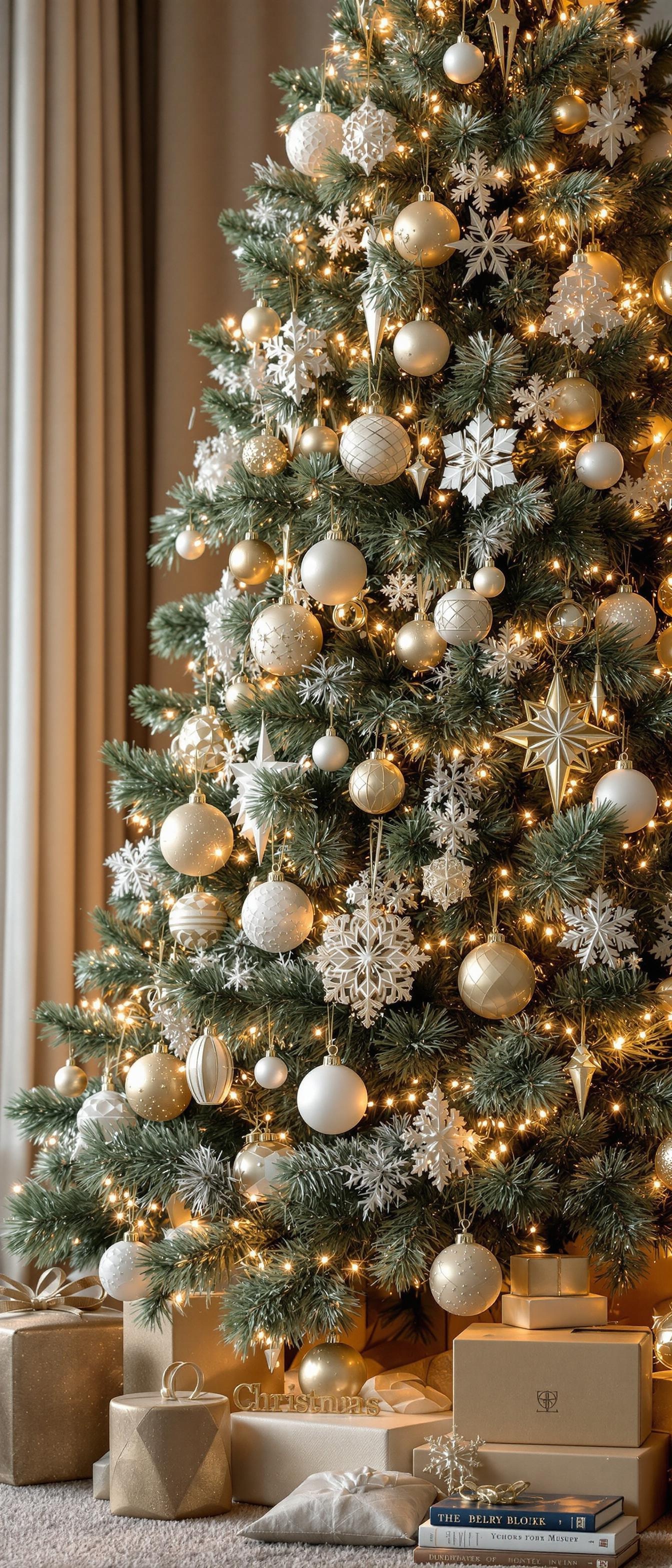 Christmas tree decorated with gold and white ornaments and lights