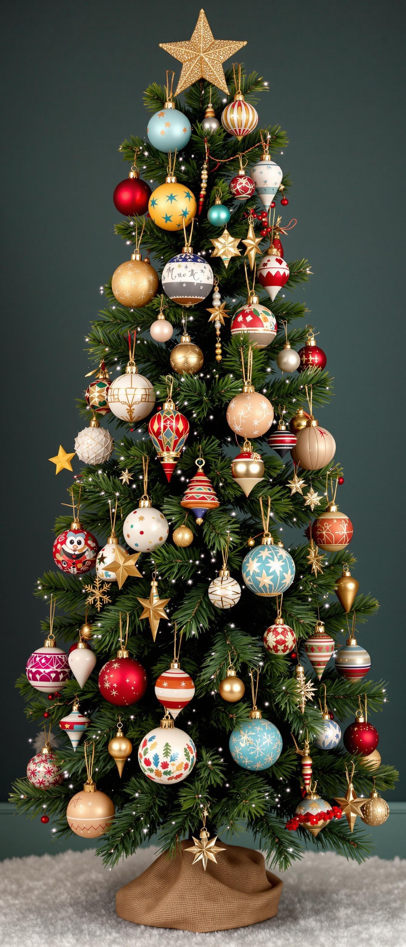 Decorated Christmas tree with various colorful ornaments and a star on top