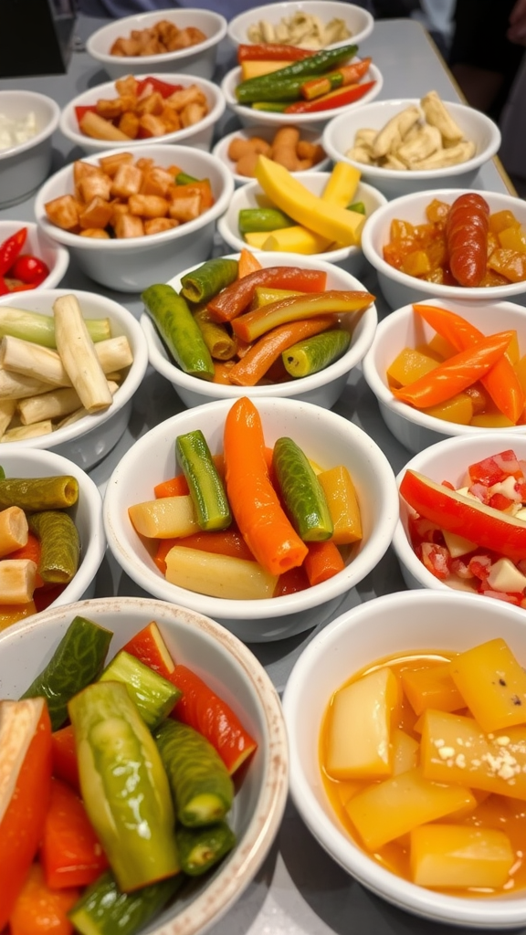 An assortment of vibrant Japanese pickles displayed in small bowls.