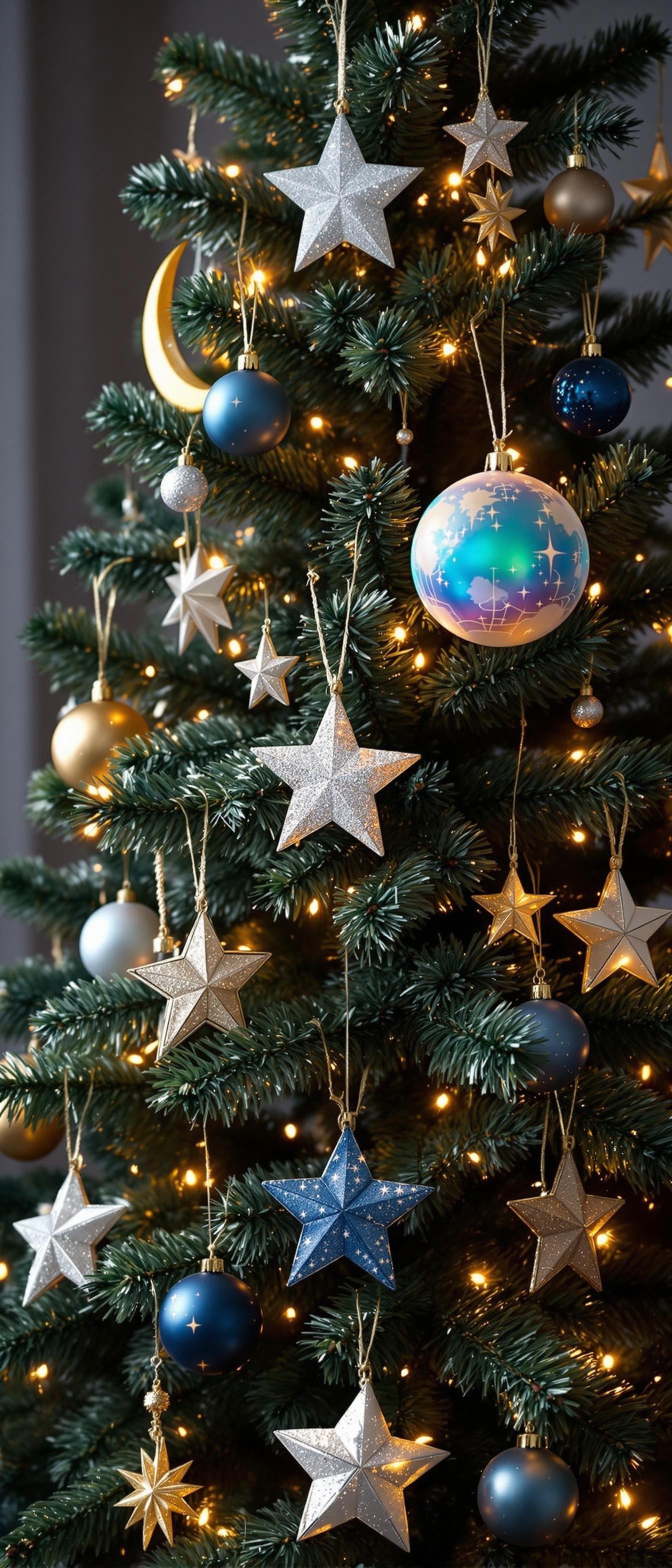 A beautifully decorated Christmas tree with stars and ornaments