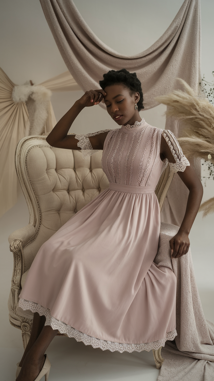 A woman wearing a tea-length pink dress with lace details, sitting elegantly on a vintage chair.