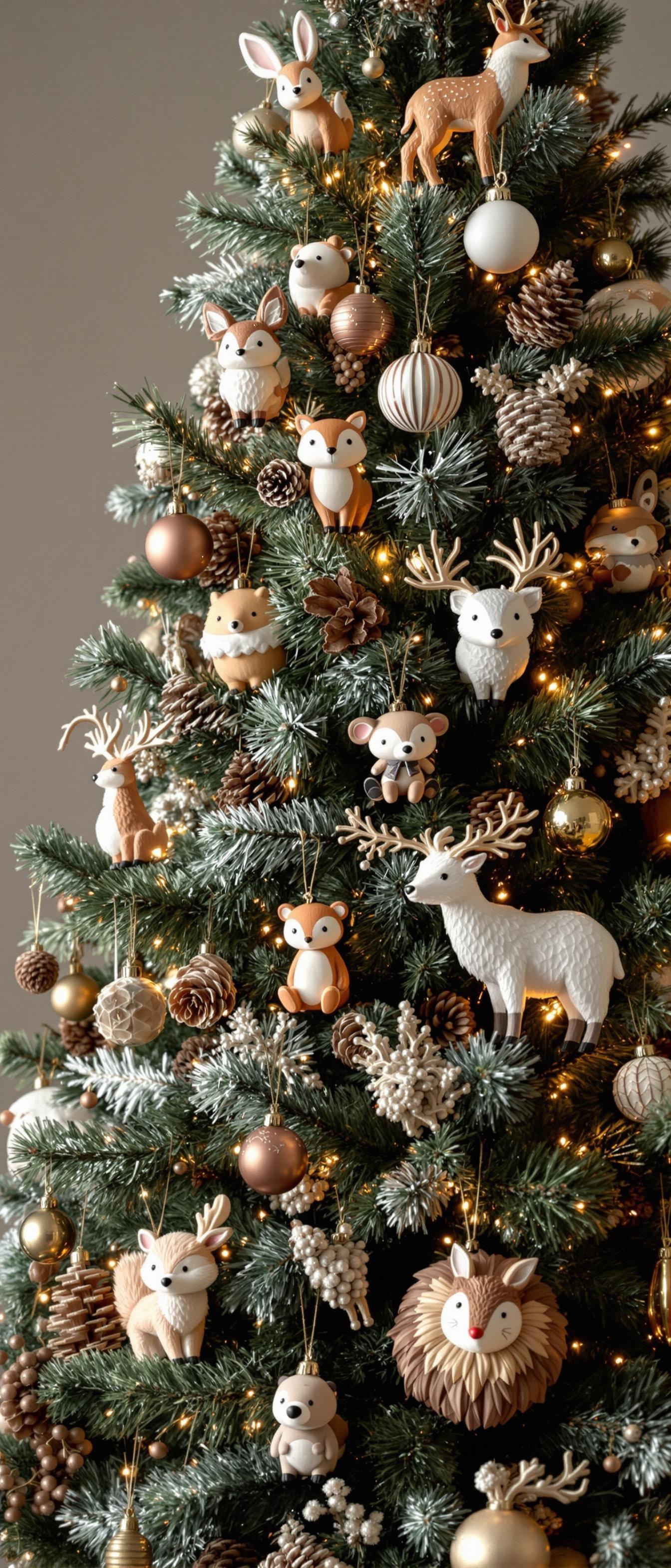 A beautifully decorated Christmas tree featuring cute woodland animal ornaments and warm lights.