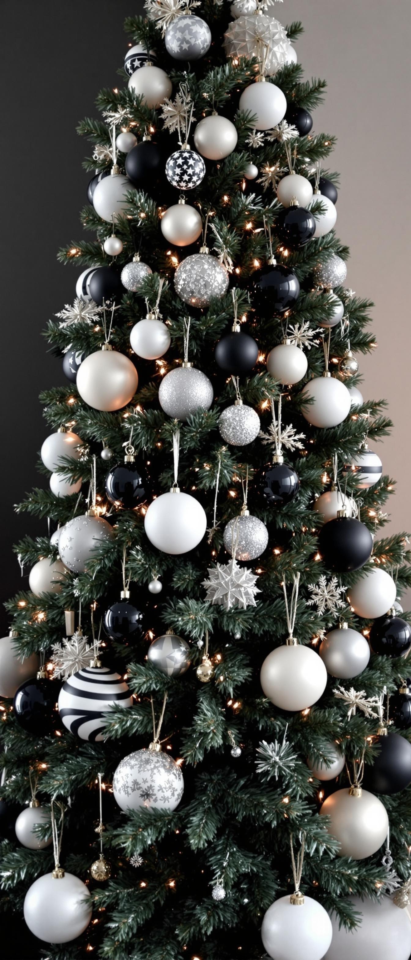 A chic black, white, and silver decorated Christmas tree with various ornaments.