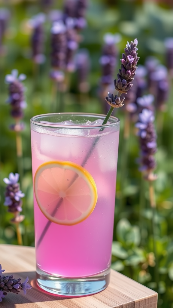 A refreshing glass of lavender lemonade with a slice of lemon and a sprig of lavender, set against a background of lavender flowers.