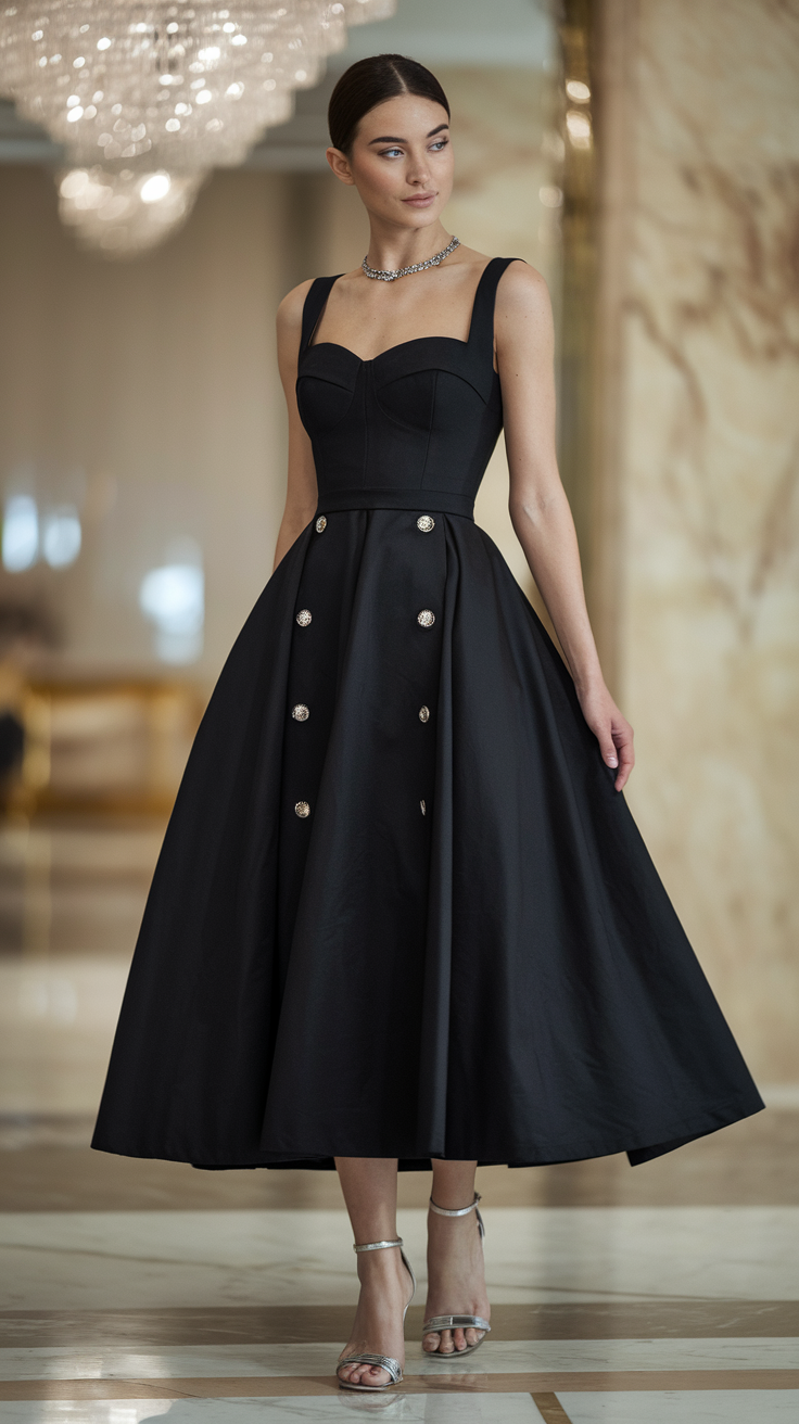 A model wearing a classic black dress with a modern twist, featuring a structured bodice and A-line skirt with decorative buttons.